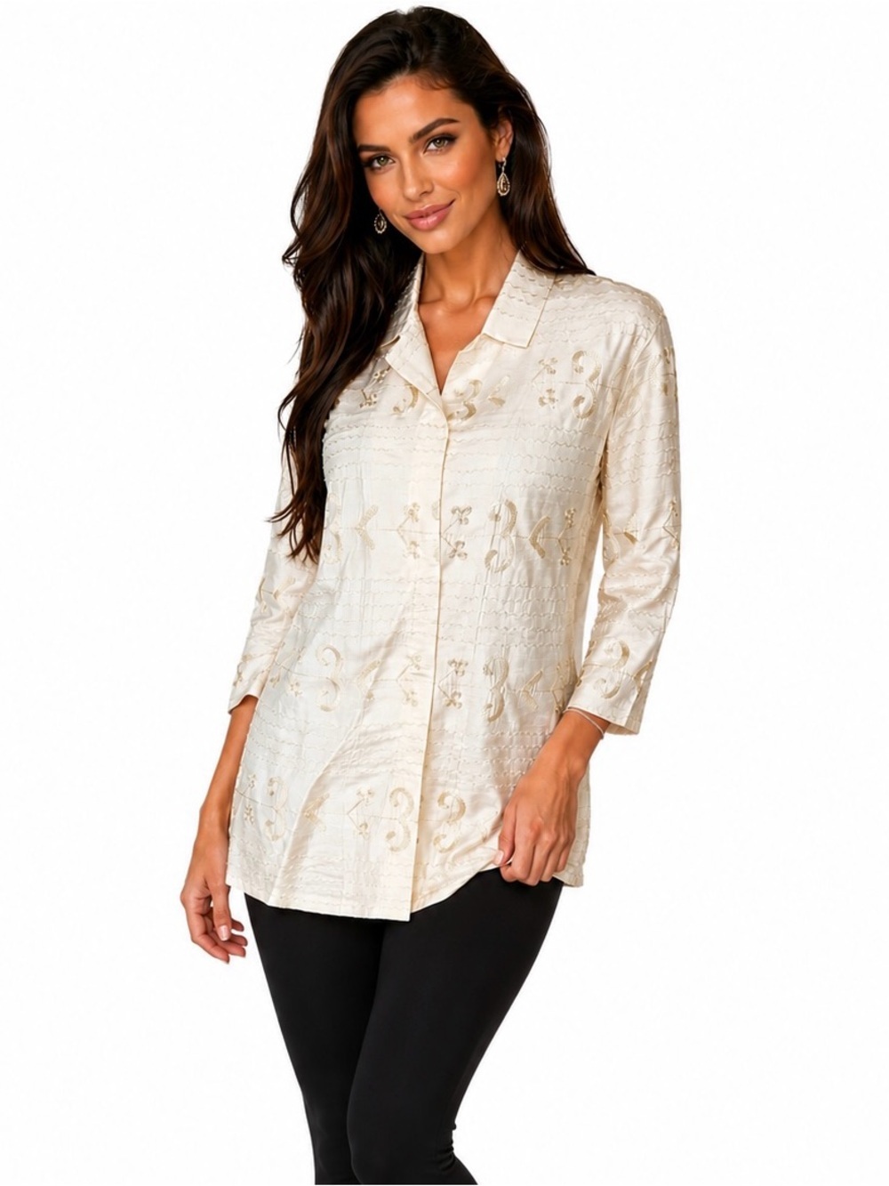 Chicos Design Women’s Ivory Embroidered 100% Silk Tunic Top Size 2 (L-12)